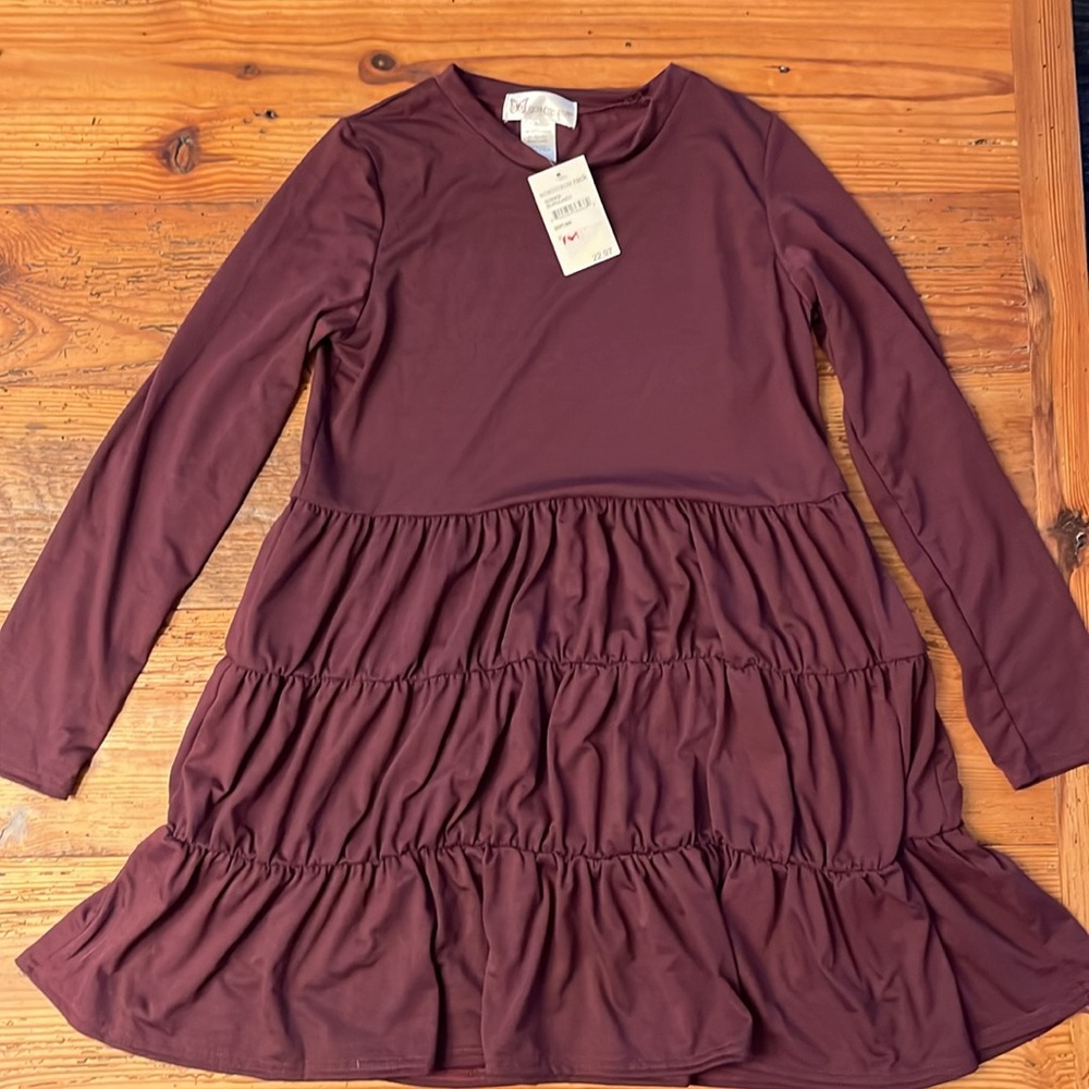 NWT Cotton Emporium Long Sleeved Smocked Tiered Dress for Girls in Burgundy